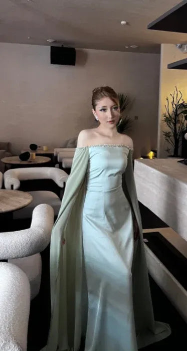 Elegant Off the Shoulder Flutter Sleeve Mermaid Satin Pleated Floor-Length Party Dress