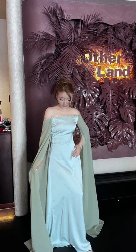 Elegant Off the Shoulder Flutter Sleeve Mermaid Satin Pleated Floor-Length Party Dress