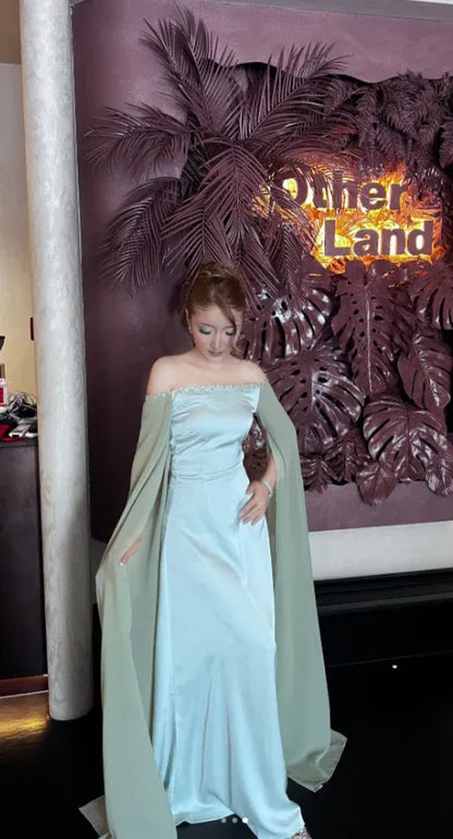 Elegant Off the Shoulder Flutter Sleeve Mermaid Satin Pleated Floor-Length Party Dress