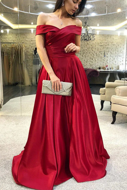 Elegant Off the Shoulder Red Long Prom Dress with Pleats/Formal Women's Dresses