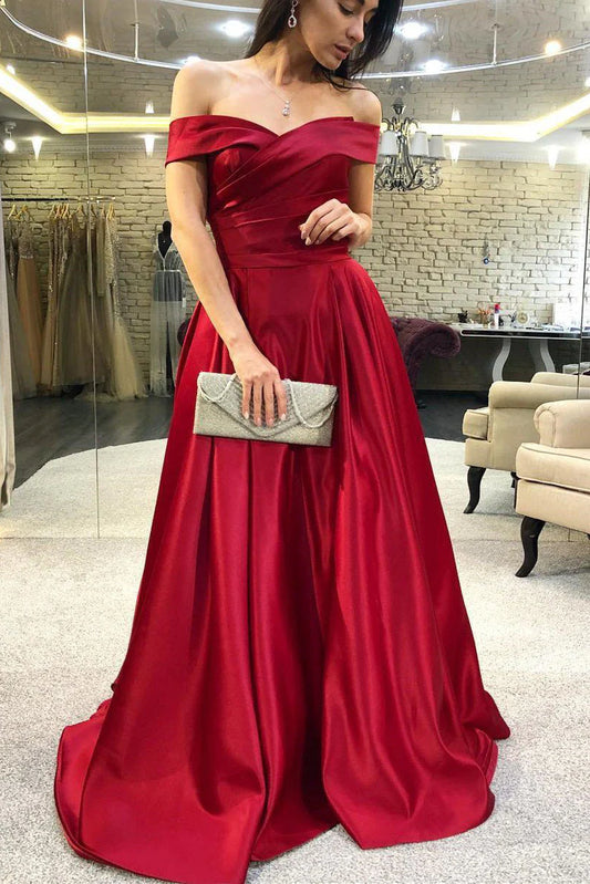 Elegant Off the Shoulder Red Long Prom Dress with Pleats/Formal Women's Dresses