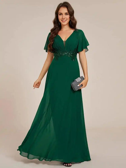 Elegant Pleated Short Sleeve Deep V-Neck Maxi Formal Evening Dress Mother Of The Bride Dresses