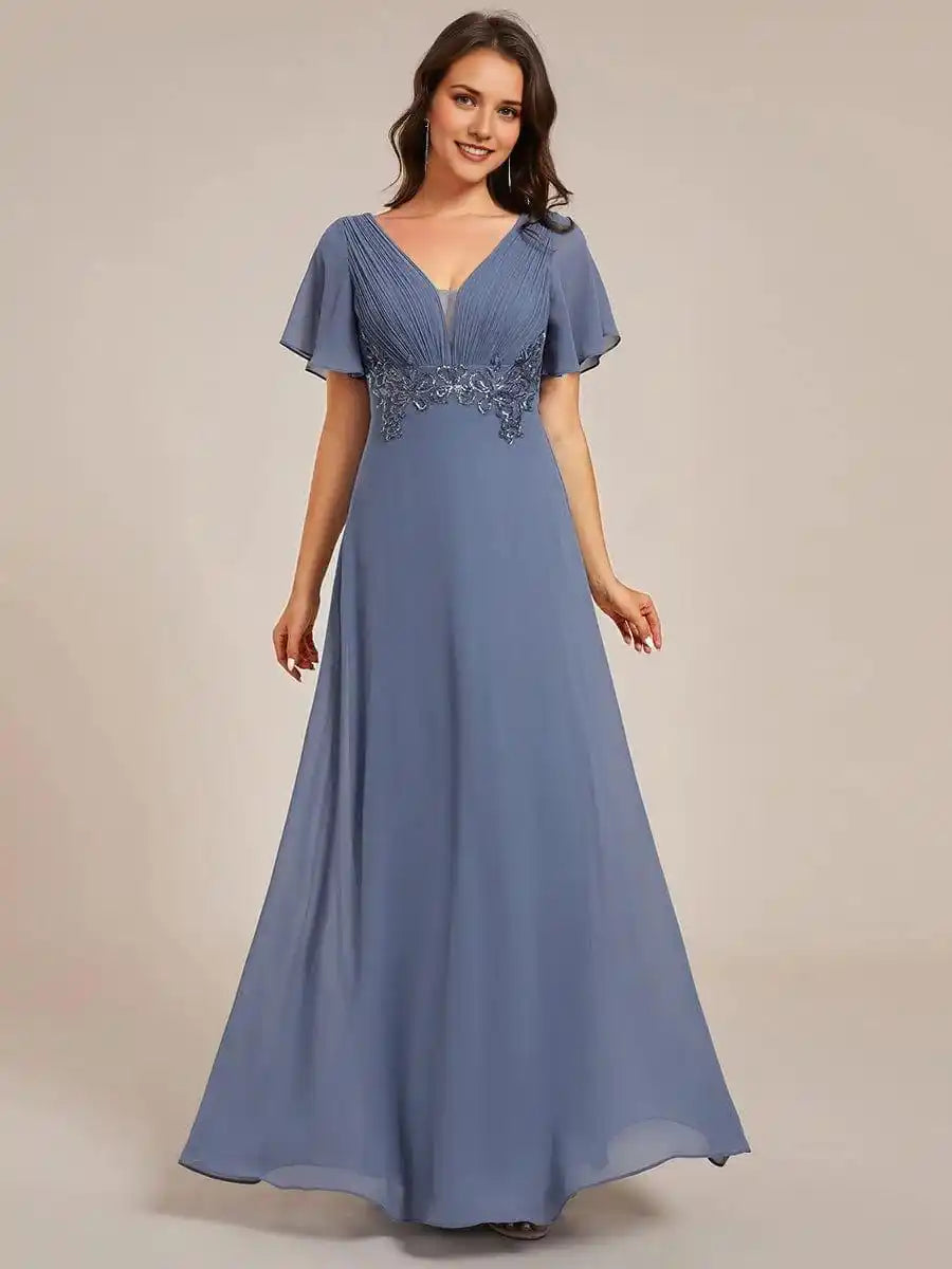 Elegant Pleated Short Sleeve Deep V-Neck Maxi Formal Evening Dress Mother Of The Bride Dresses