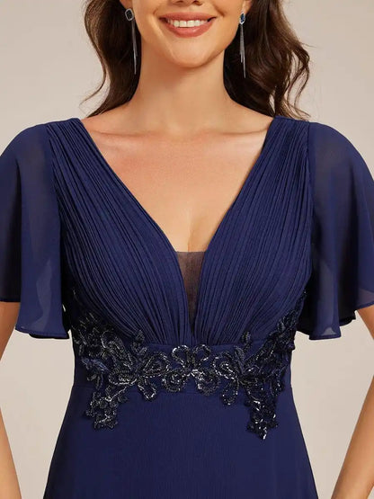 Elegant Pleated Short Sleeve Deep V-Neck Maxi Formal Evening Dress Mother Of The Bride Dresses