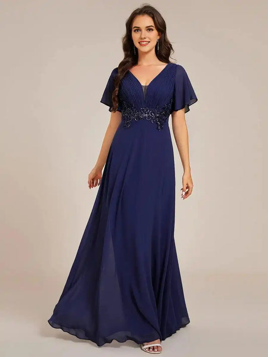 Elegant Pleated Short Sleeve Deep V-Neck Maxi Formal Evening Dress Mother Of The Bride Dresses