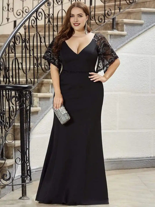 Elegant Plus Size V Neck Fishtail Evening Dress for Women Mother Of The Bride Dresses