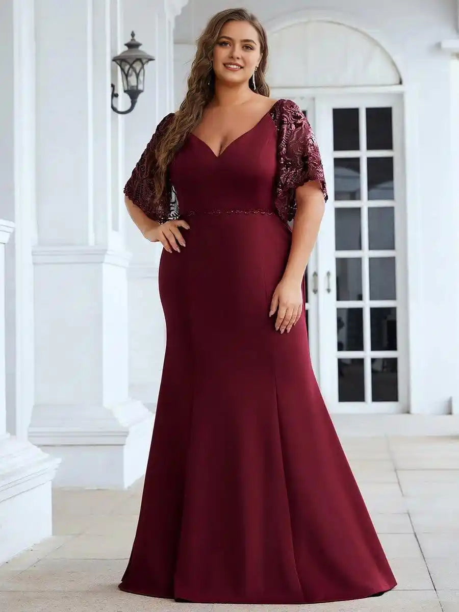 Elegant Plus Size V Neck Fishtail Evening Dress for Women Mother Of The Bride Dresses