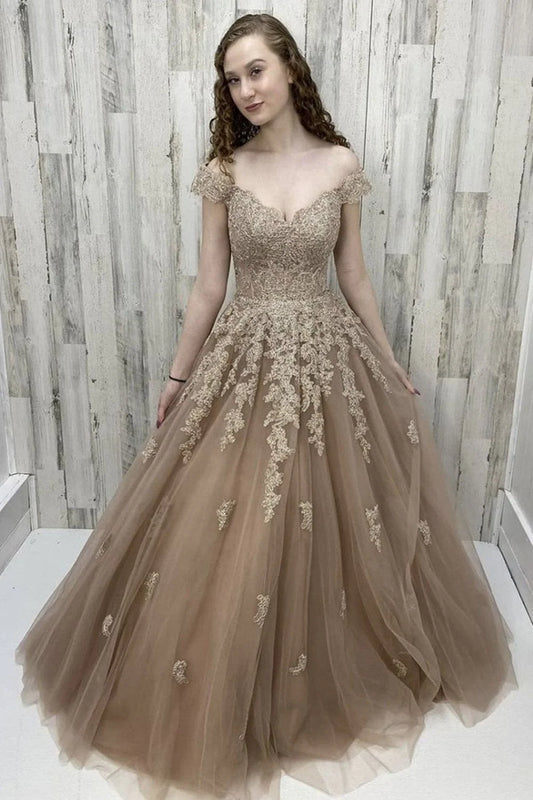 Elegant Princess Off the Shoulder Cap Sleeve Lace Up Floor-Length Prom Dress