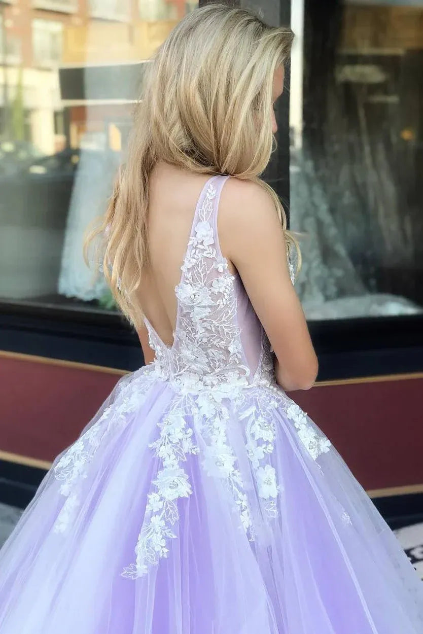 Elegant Princess V Neck Sleeveless Backless Floor-Length Prom Dress