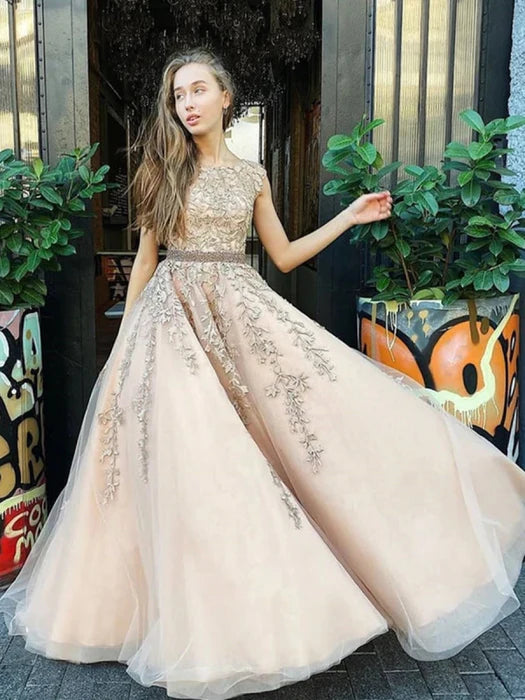 Elegant Round Neck Cap Sleeve Lace Champagne Floor-Length Prom Dress