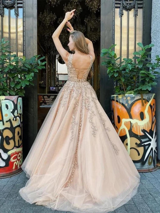 Elegant Round Neck Cap Sleeve Lace Champagne Floor-Length Prom Dress