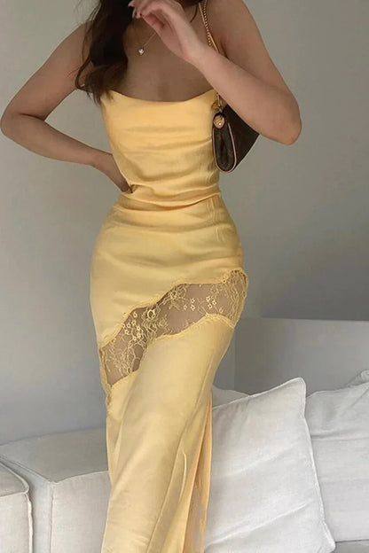Elegant Satin-Lace Long Evening Dress Yellow Sweetheart Spaghetti Strap for Women