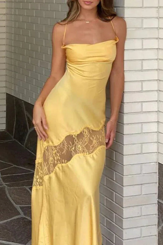 Elegant Satin-Lace Long Evening Dress Yellow Sweetheart Spaghetti Strap for Women
