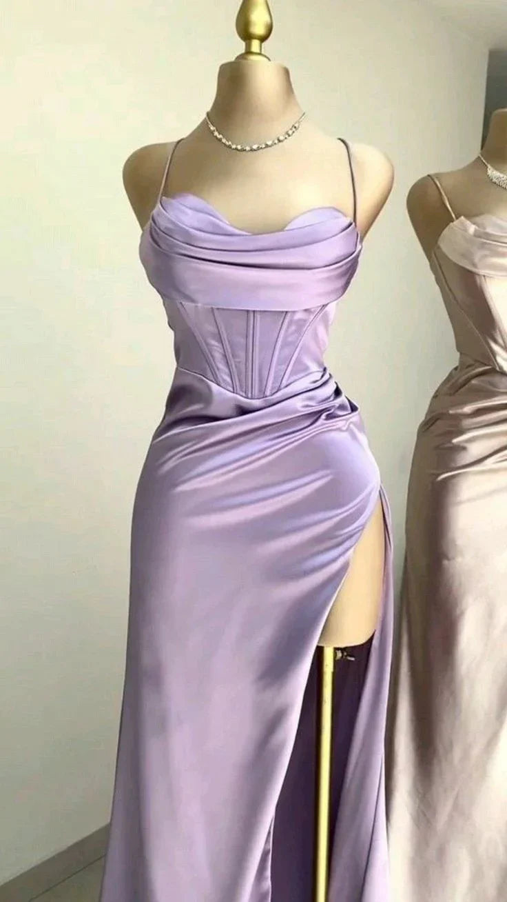 Elegant Satin A-line Cowl Spaghetti-strap Open-back Floor-length Evening Gown