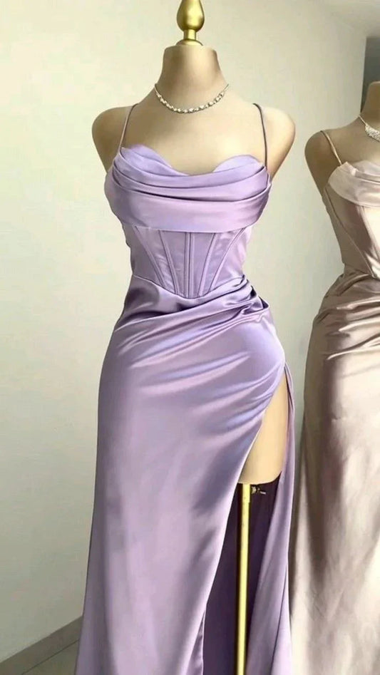 Elegant Satin A-line Cowl Spaghetti-strap Open-back Floor-length Evening Gown