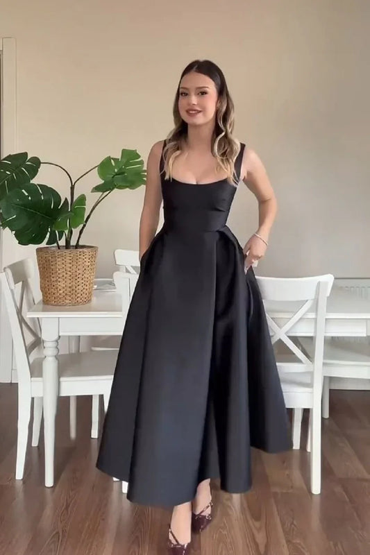 Elegant Satin A-line Square-neck Sleeveless Open-back Midi Cocktail Dress