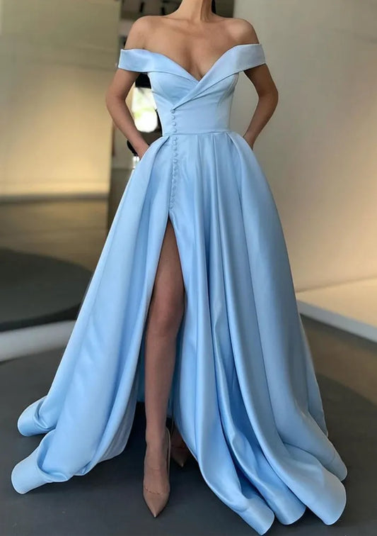 Elegant Satin Floor-Length Evening Dress Light Blue Off-the-Shoulder Sleeveless Women