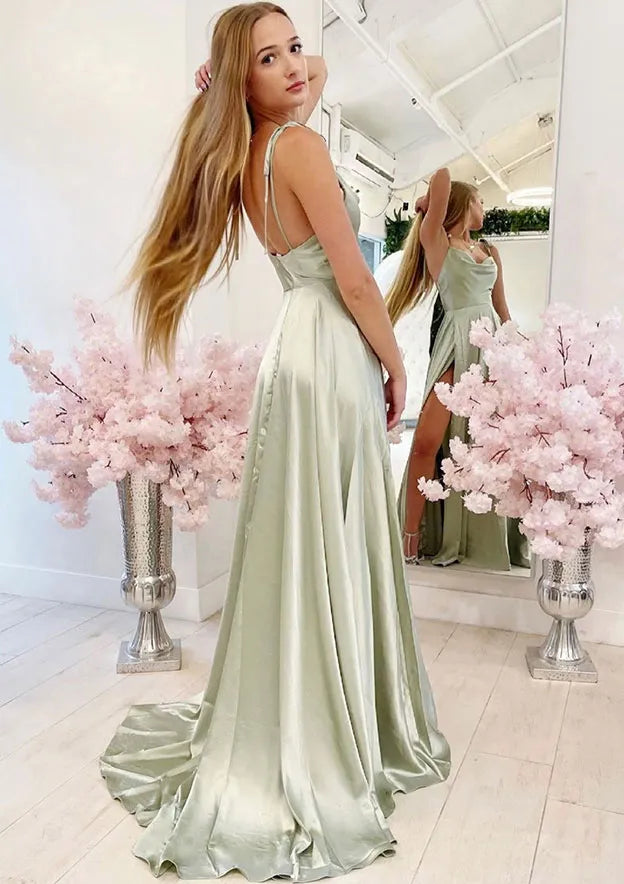 Elegant Satin Floor-Length Evening Dress Sage Green Cowl Spaghetti-Strap Women