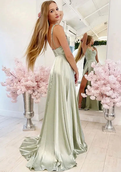 Elegant Satin Floor-Length Evening Dress Sage Green Cowl Spaghetti-Strap Women