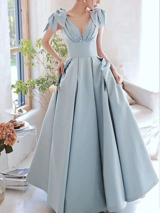 Elegant Satin Long Evening Dress Dusty Blue V-Neck Bow-Sleeve for Women