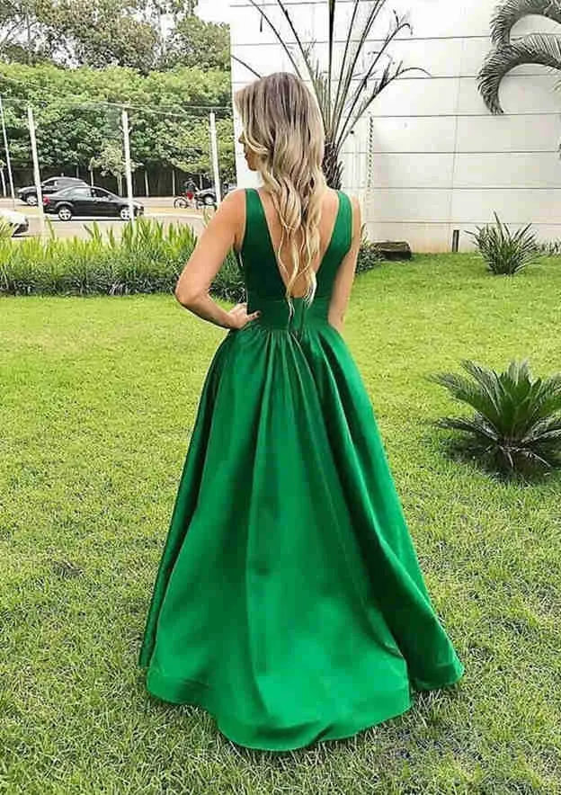 Elegant Satin Long Evening Dress Emerald Plunging Sleeveless Party Gown for Women