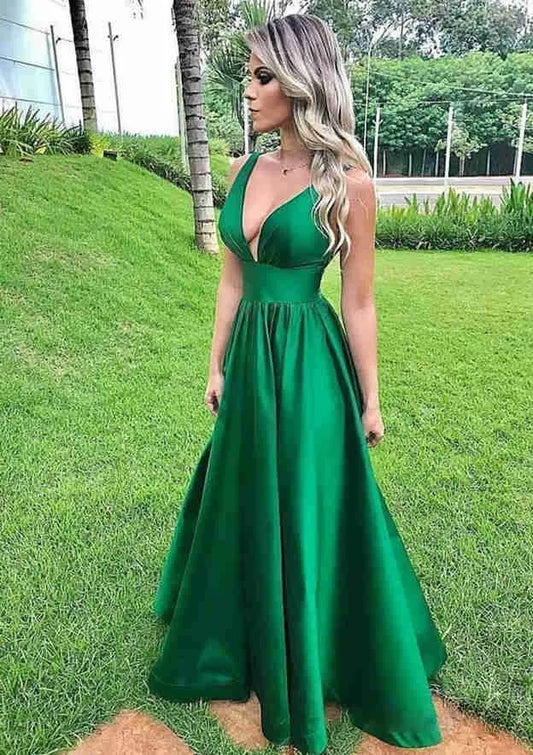 Elegant Satin Long Evening Dress Emerald Plunging Sleeveless Party Gown for Women