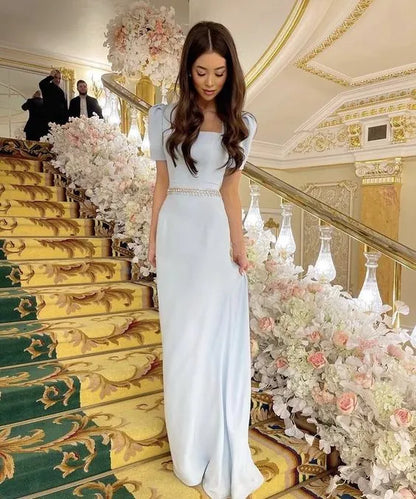 Elegant Satin Long Evening Dress Sky Blue Square Neck Puff Sleeve for Women