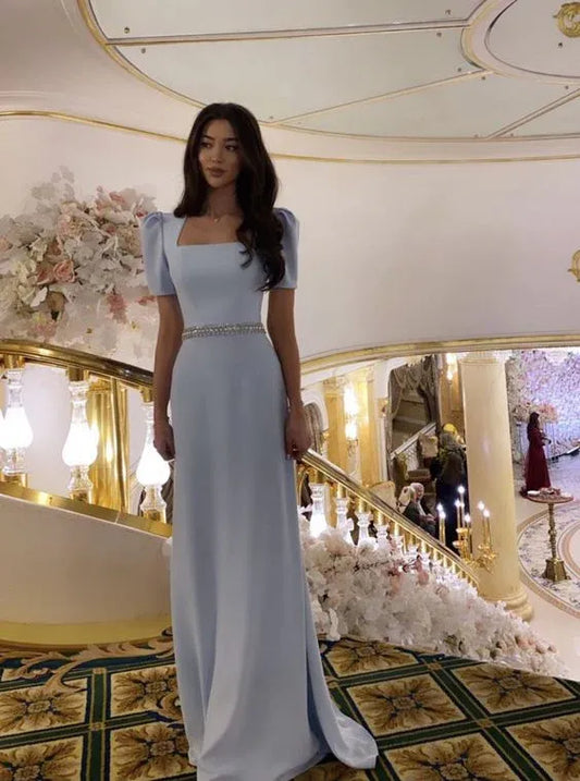 Elegant Satin Long Evening Dress Sky Blue Square Neck Puff Sleeve for Women