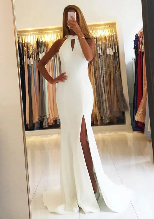 Elegant Satin Long Evening Dress White Halter-Neck Sleeveless Party Gown for Women