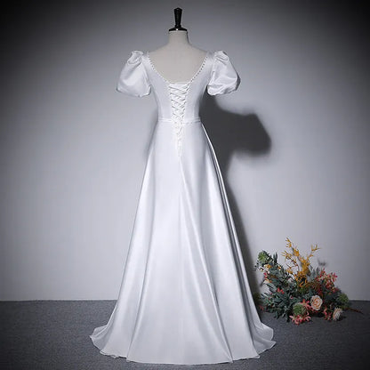 Elegant Satin Long Evening Dress White V Neck Puff Sleeve for Women