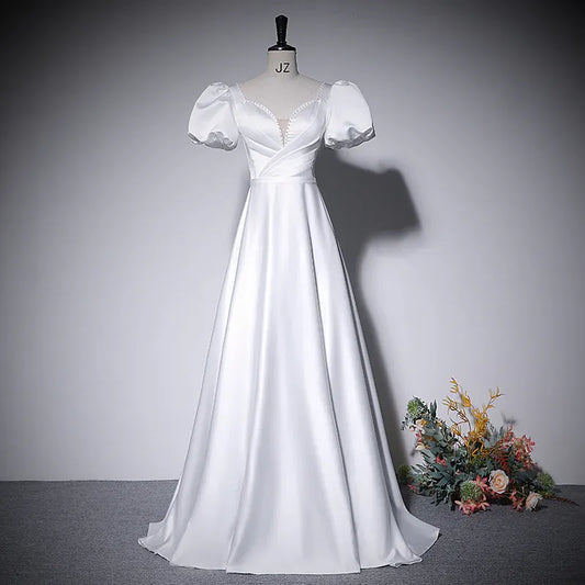 Elegant Satin Long Evening Dress White V Neck Puff Sleeve for Women