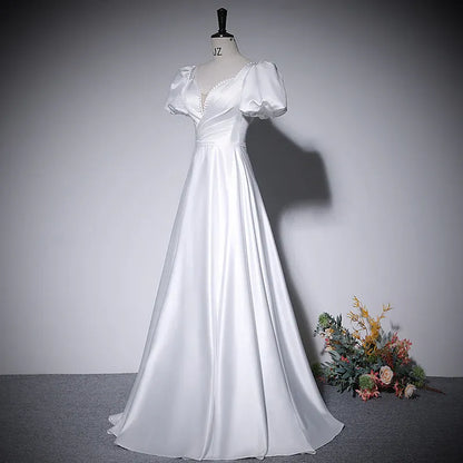 Elegant Satin Long Evening Dress White V Neck Puff Sleeve for Women