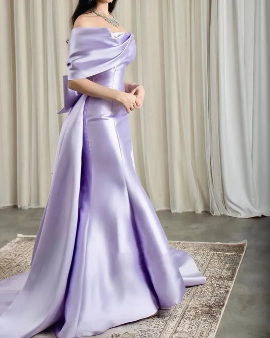 Elegant Satin Maxi Evening Dress Lavender Off-Shoulder Bow Accents for Women