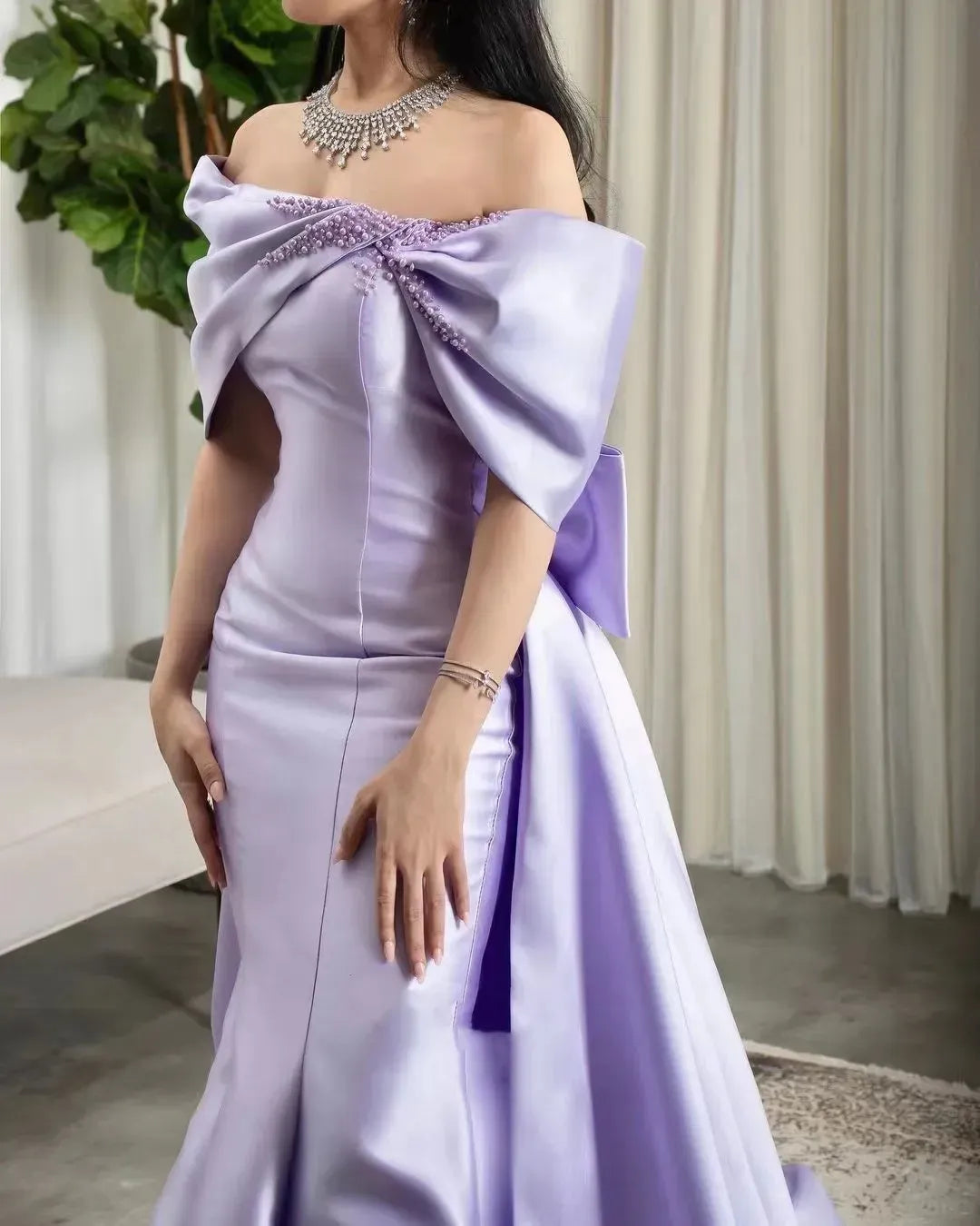 Elegant Satin Maxi Evening Dress Lavender Off-Shoulder Bow Accents for Women