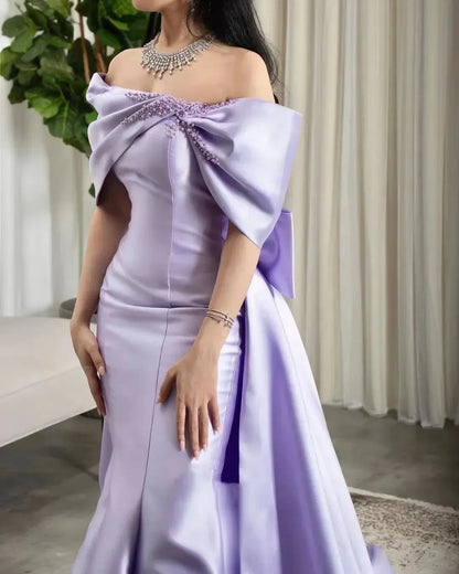 Elegant Satin Maxi Evening Dress Lavender Off-Shoulder Bow Accents for Women