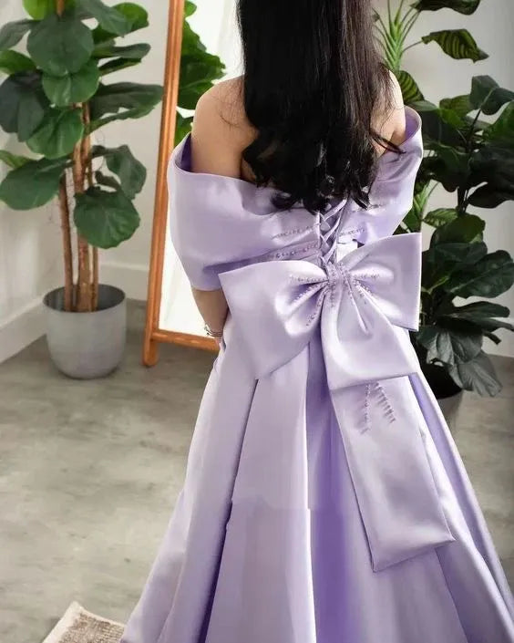 Elegant Satin Maxi Evening Dress Lavender Off-Shoulder Bow Accents for Women