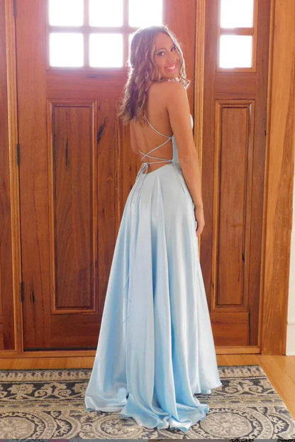 Elegant Satin Maxi Evening Dress Light Blue Square Neck Sleeveless for Women