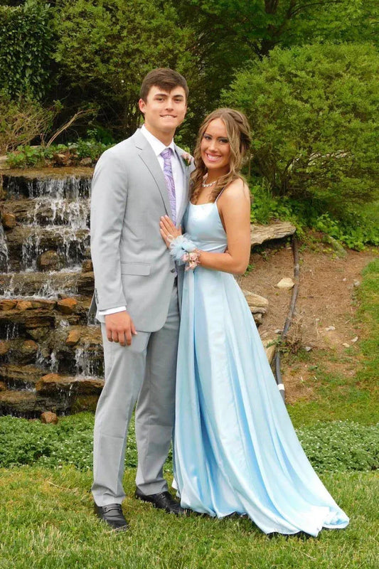 Elegant Satin Maxi Evening Dress Light Blue Square Neck Sleeveless for Women