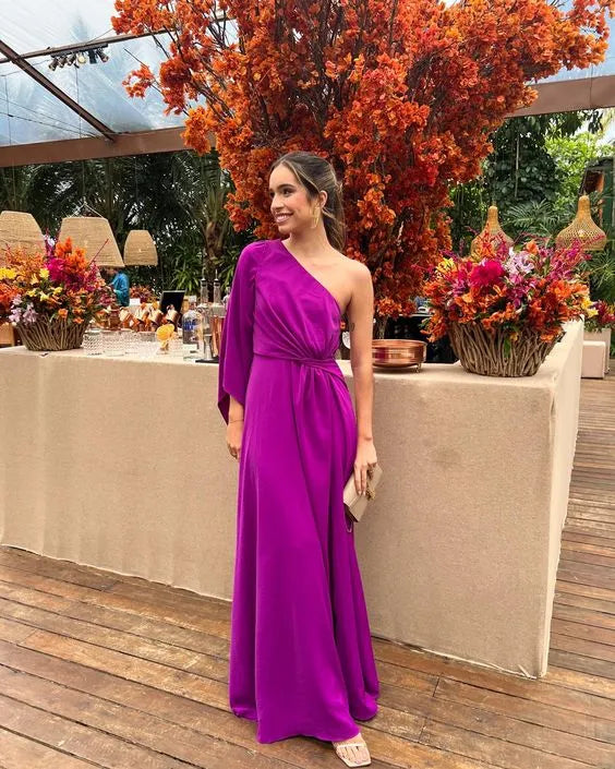 Elegant Satin Maxi Evening Dress Magenta One-Shoulder Long-Sleeve for Women