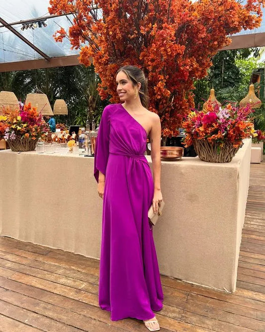 Elegant Satin Maxi Evening Dress Magenta One-Shoulder Long-Sleeve for Women