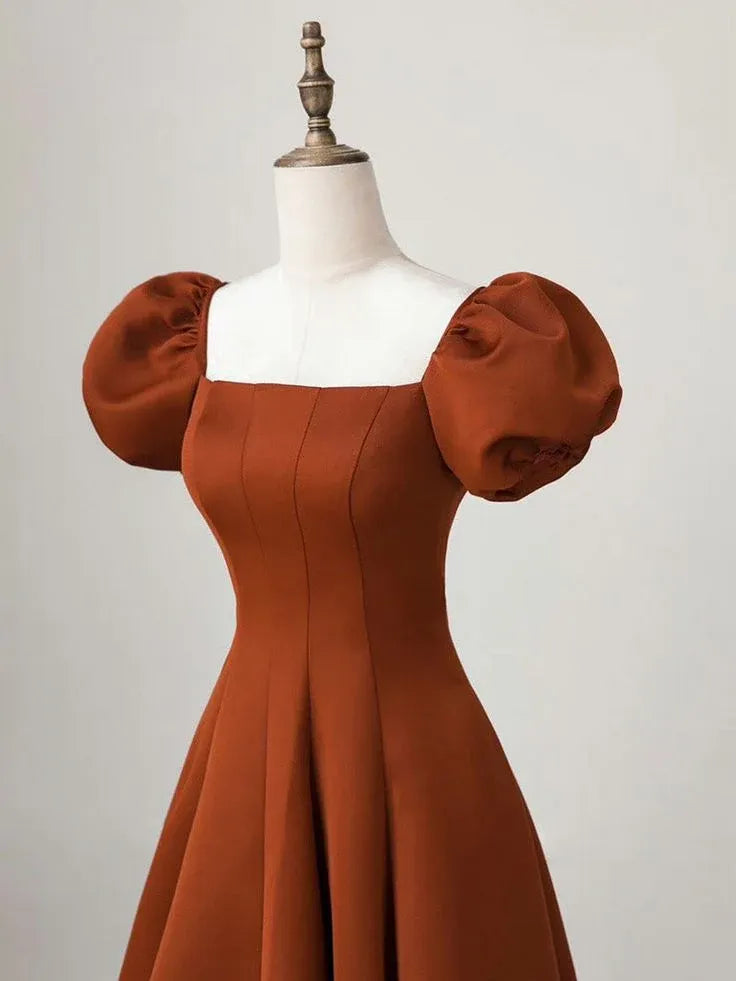 Elegant Satin Maxi Evening Dress Rust Square Neck Puff Sleeves for Women