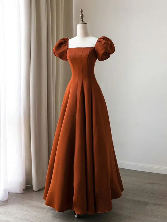 Elegant Satin Maxi Evening Dress Rust Square Neck Puff Sleeves for Women