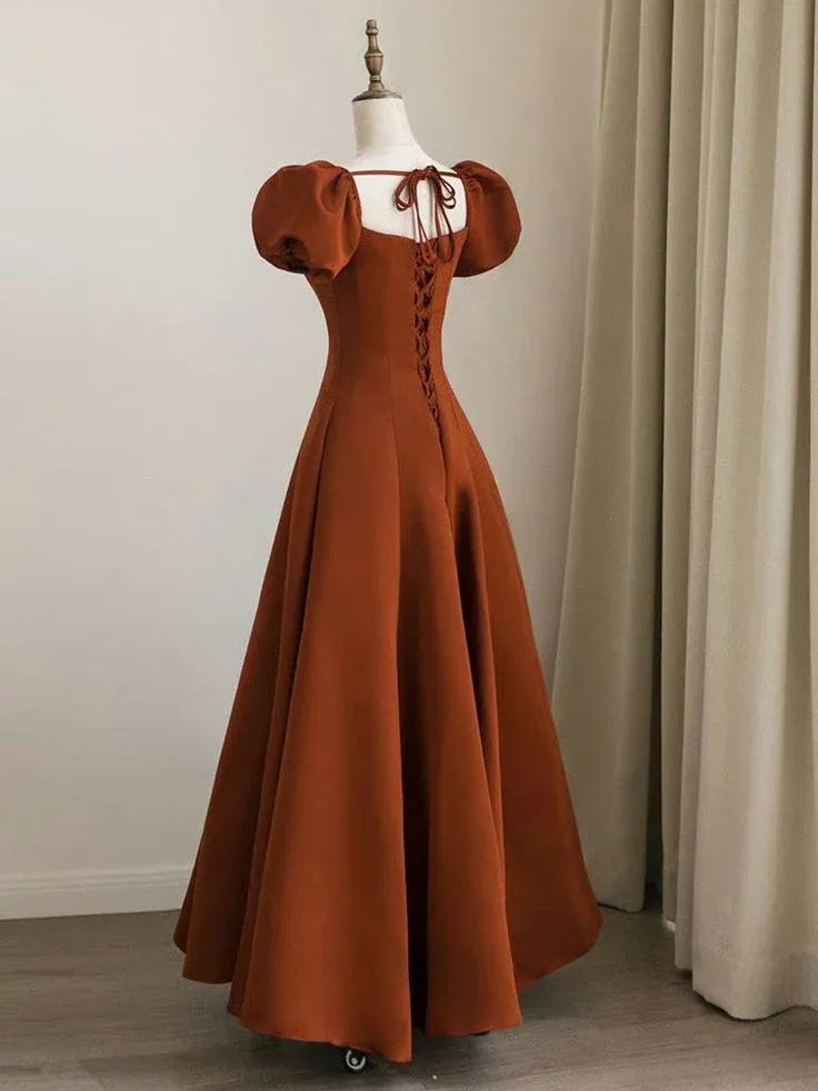 Elegant Satin Maxi Evening Dress Rust Square Neck Puff Sleeves for Women