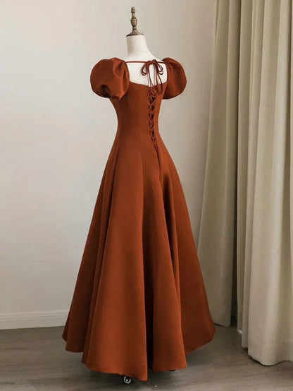 Elegant Satin Maxi Evening Dress Rust Square Neck Puff Sleeves for Women