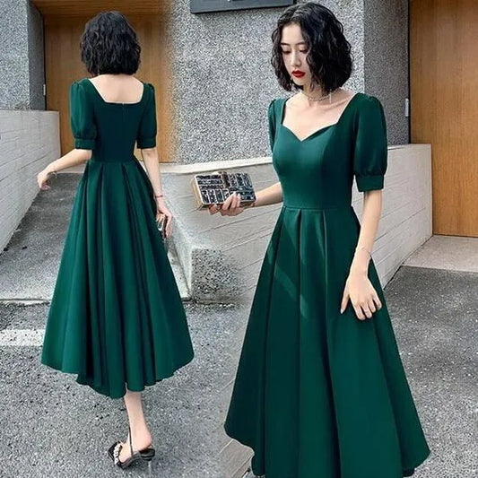Elegant Satin Midi Evening Dress Emerald Square Neck Puff-Sleeve for Women
