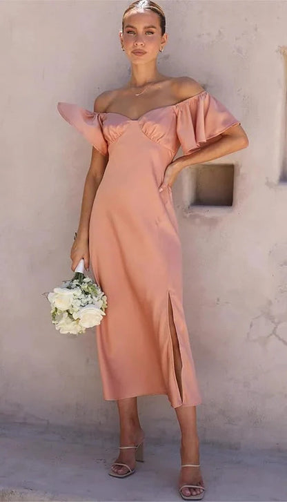 Elegant Satin Off Shoulder Midi Formal Wedding Guest Dress