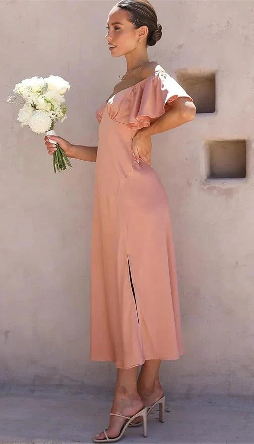 Elegant Satin Off Shoulder Midi Formal Wedding Guest Dress