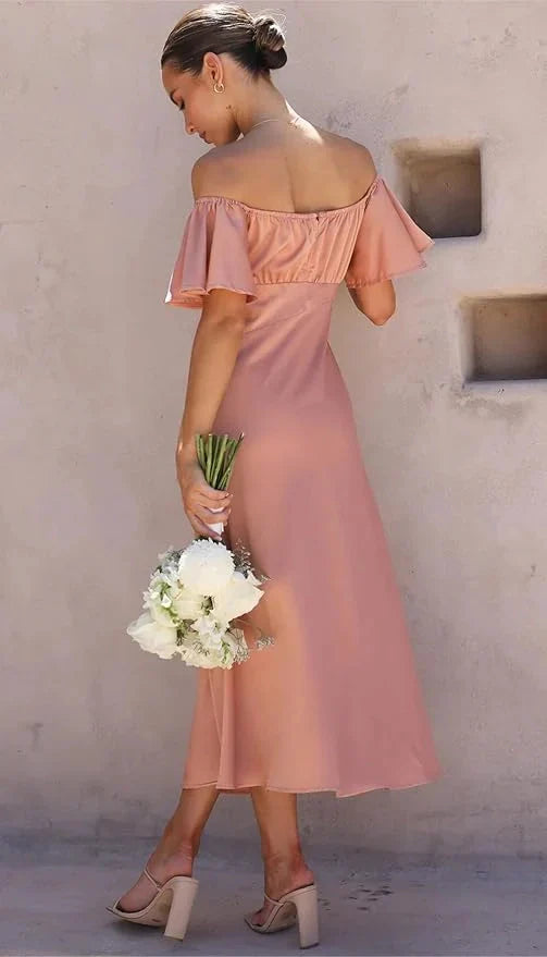Elegant Satin Off Shoulder Midi Formal Wedding Guest Dress