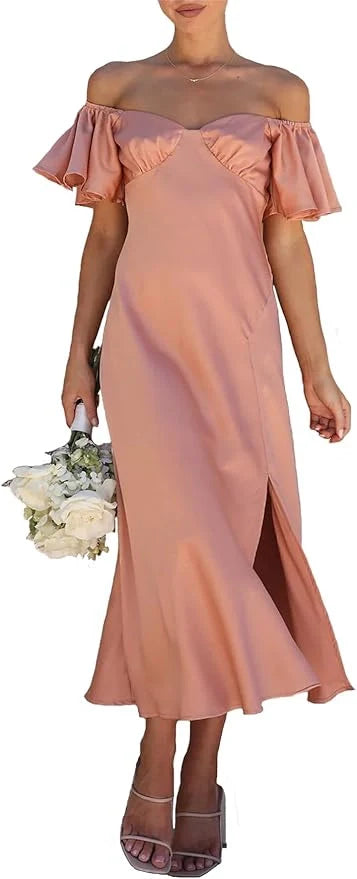 Elegant Satin Off Shoulder Midi Formal Wedding Guest Dress