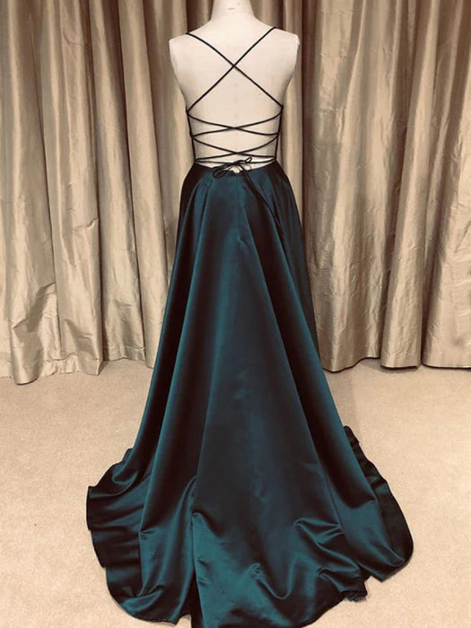 Elegant Satin V-Neck Spaghetti Strap Teal Floor-Length Prom Dress